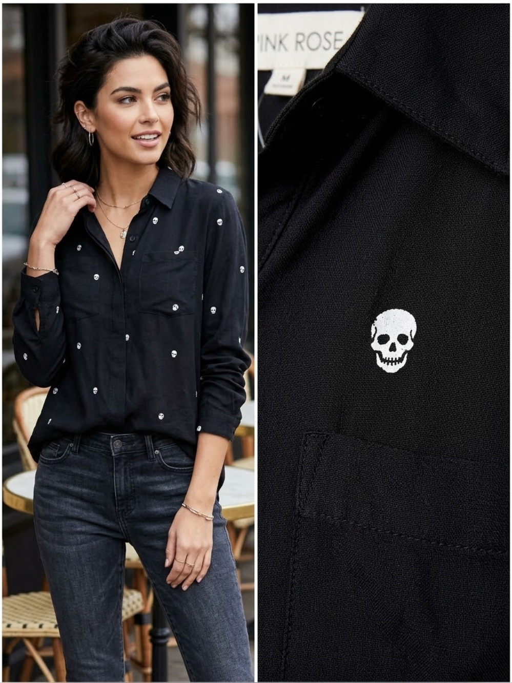 Pink Rose Women's Black Button-Up Shirt with White Skull Print Long Sleeves